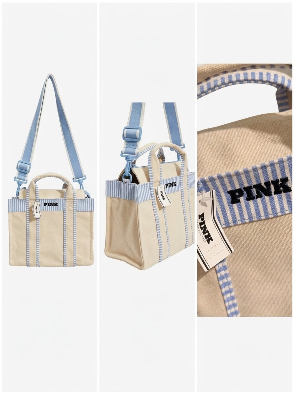 PINK Victoria's Secret Beige Canvas Tote with Light Blue Trim